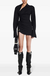 Adamar Asymmetric Buckle Ruched Mini Shirt Dress