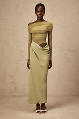 Estelle off-shoulder semi-sheer midi dress in Green