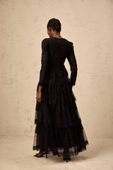 Gloria black guipure lace tulle tiered maxi dress