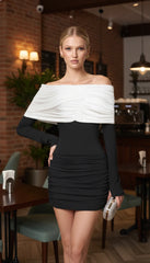 Maison Celie – Noir & Blanc Sculpted Off-Shoulder Mini Dress