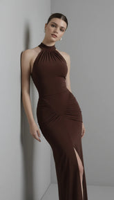 Maison Celie Halter Ruched Evening Gown 2025