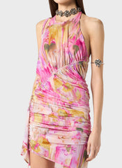 Ludema Floral Print Halter Ruched Mini Dress