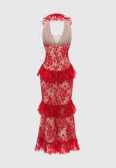Carolynne Lace Halter Ruffle Midi Dress