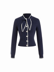 Knit Stand Collar Bowknot Contrasting Binding Long Sleeve Cardigan
