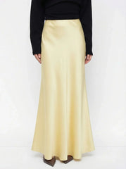 Satin Mid Rise Ruffle Maxi Skirt