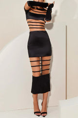 Londyn Mesh Long Sleeve Midi Dress - Black
