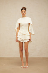 Lyna white shawl-panel ruffled satin mini dress