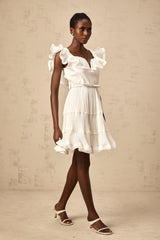 Éliane white frilled neckline pleated mini dress
