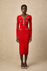 Axelle red embellished knitted cardigan & skirt matching set