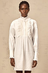 Mélina white lace-trim ruffled mini shirt dress