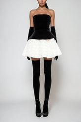 Abda Strapless Floral Layerd Velvet Mini Dress