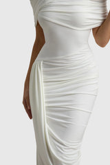 Jago Asymmetric Cape Ruched Midi Dress - White