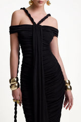 Maisie Off Shoulder Rope Ruched Maxi Dress - Black