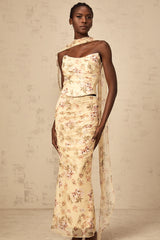 Alizée yellow floral-print fitted top & skirt matching set