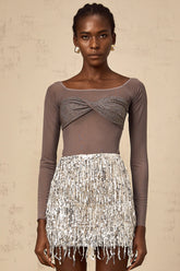 Félicie grey twist-detail embellished tulle top