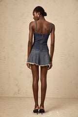 Éléna indigo-blue cross-over denim mini dress