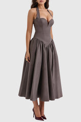 Ebrill Halter V-neck Ruched Midi Dress - Grey
