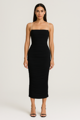 Black Mesh Slim Dress - Chain Detail Ruched Cami