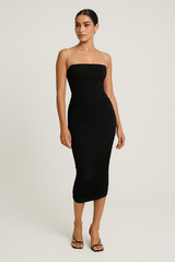 Black Mesh Slim Dress - Chain Detail Ruched Cami