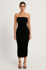 Black Mesh Slim Dress - Chain Detail Ruched Cami