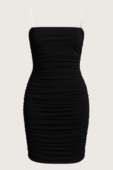 Black Mesh Slim Dress - Chain Detail Ruched Cami