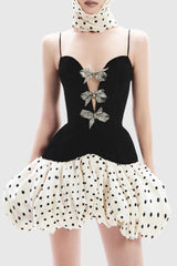 Jamara Bow Embellished Puff Dot Mini Dress