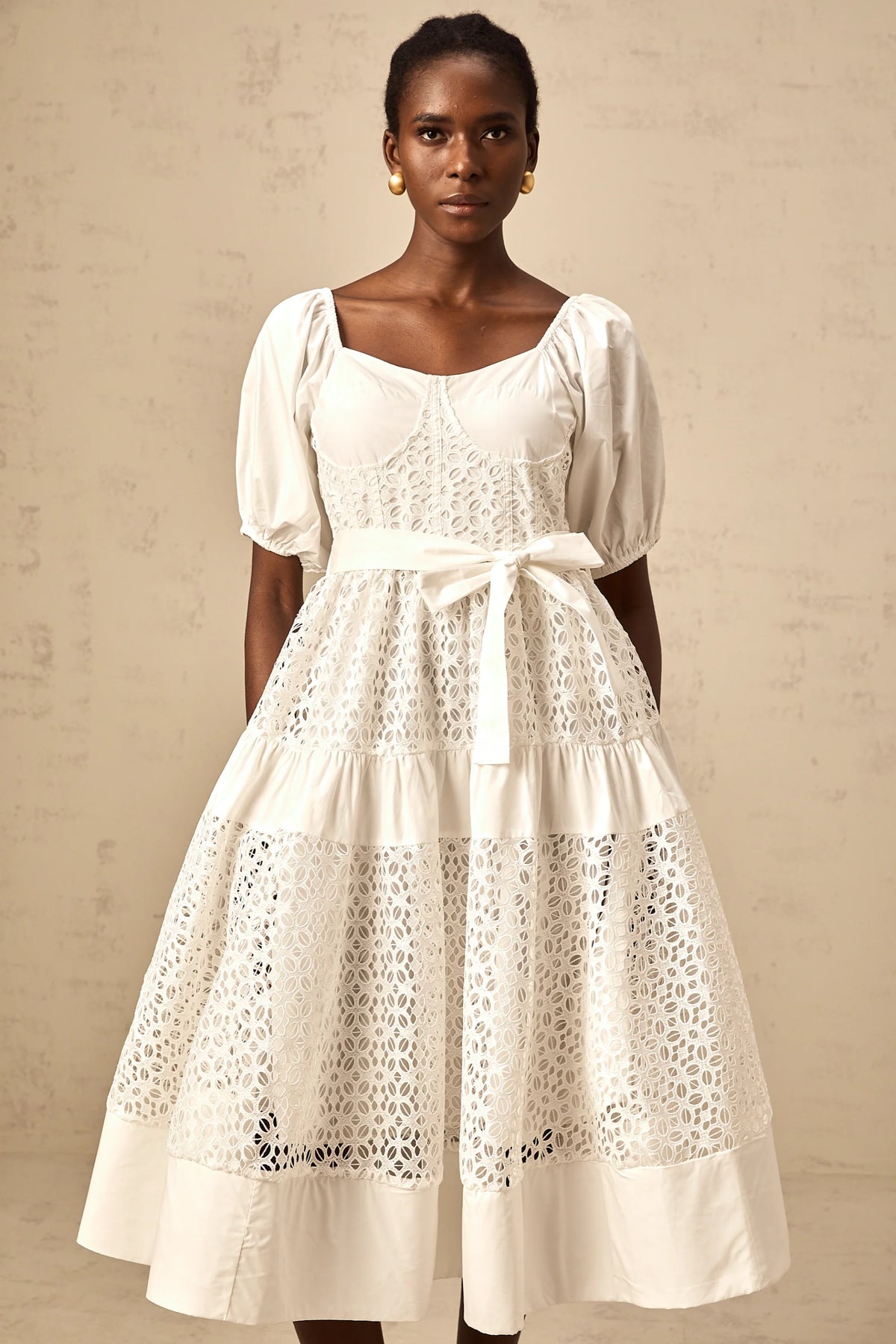 Hélène white corded-lace tiered midi dress