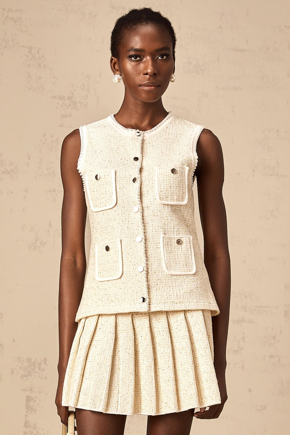 Hélène beige sequined knit vest top & skirt matching set