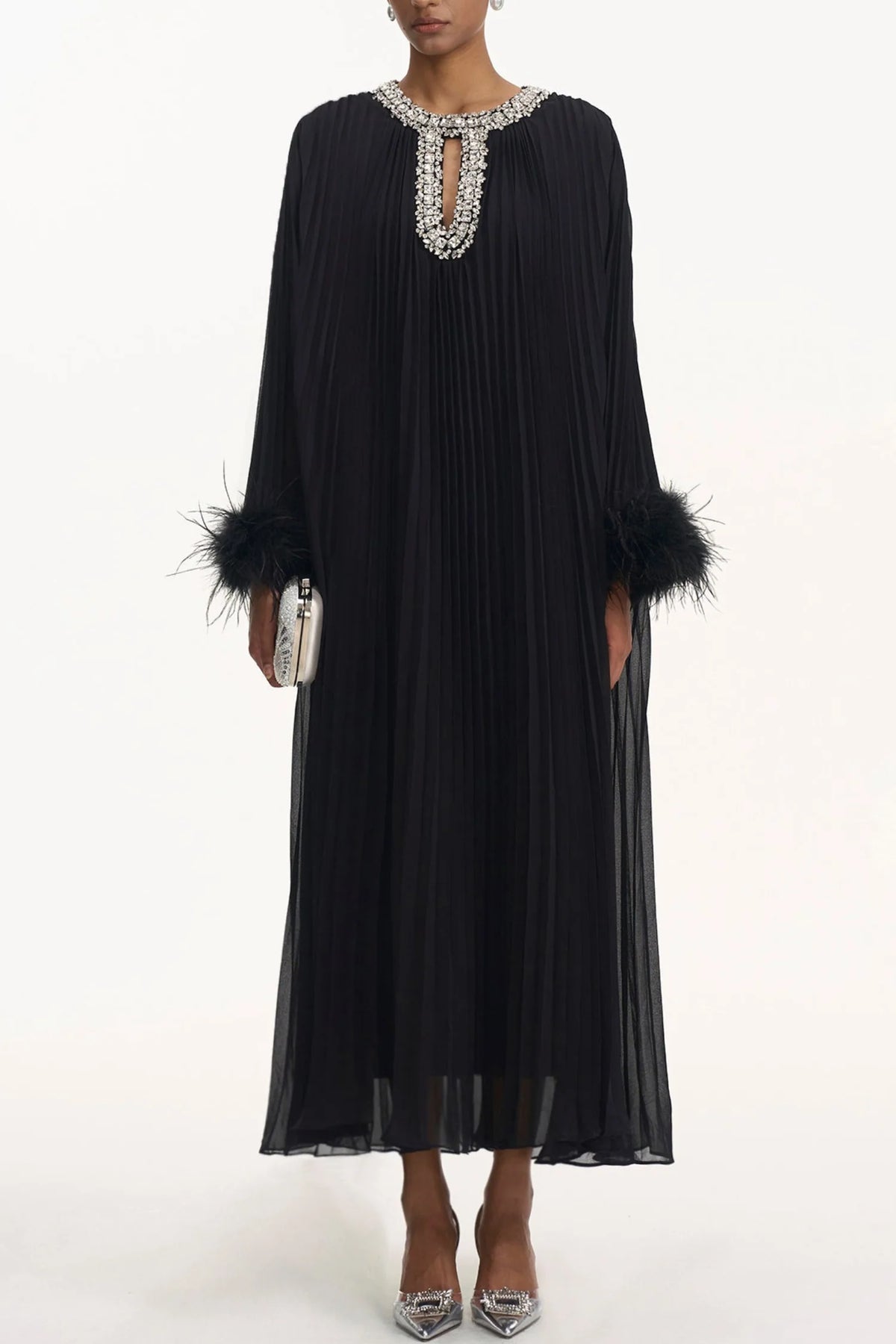 Manja Diamante Chiffon Feather Maxi Dress - Black