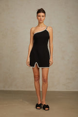 Agathe black one-shoulder embellished mini dress