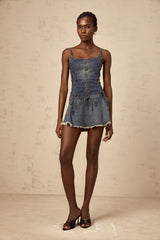 Éléna indigo-blue cross-over denim mini dress