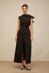 Léonore black deconstructed open-back midi dress