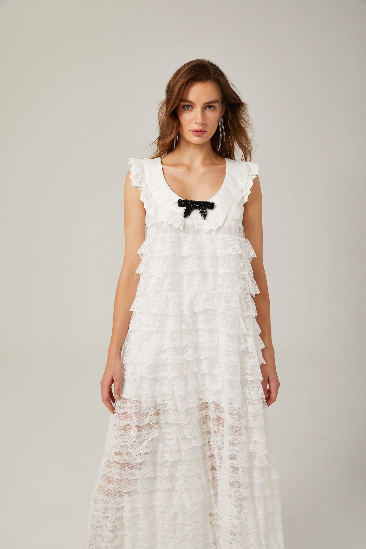 Alora white lace-trim tiered maxi dress