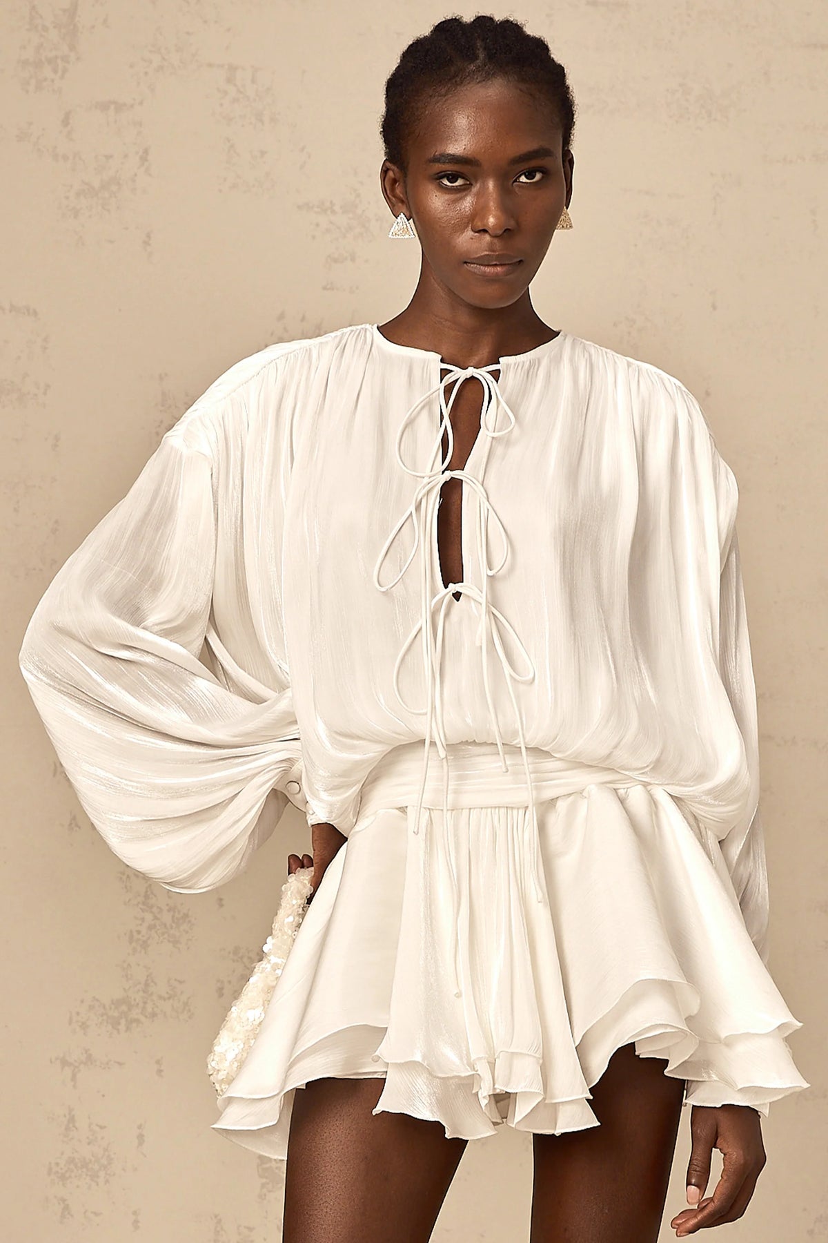 Mahault white pleated glitter-effect mini dress