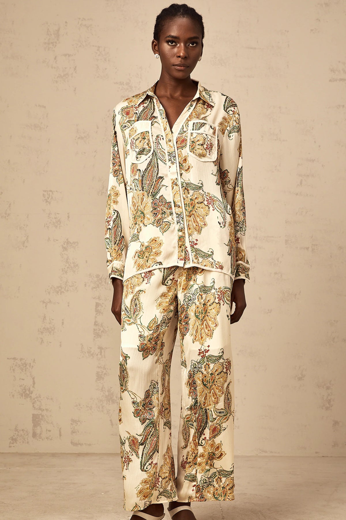 Agnès neutrals floral-print shirt & trousers matching set