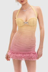 Jodelle Halter Mesh Gradient Rushed Mini Dress - Yellow