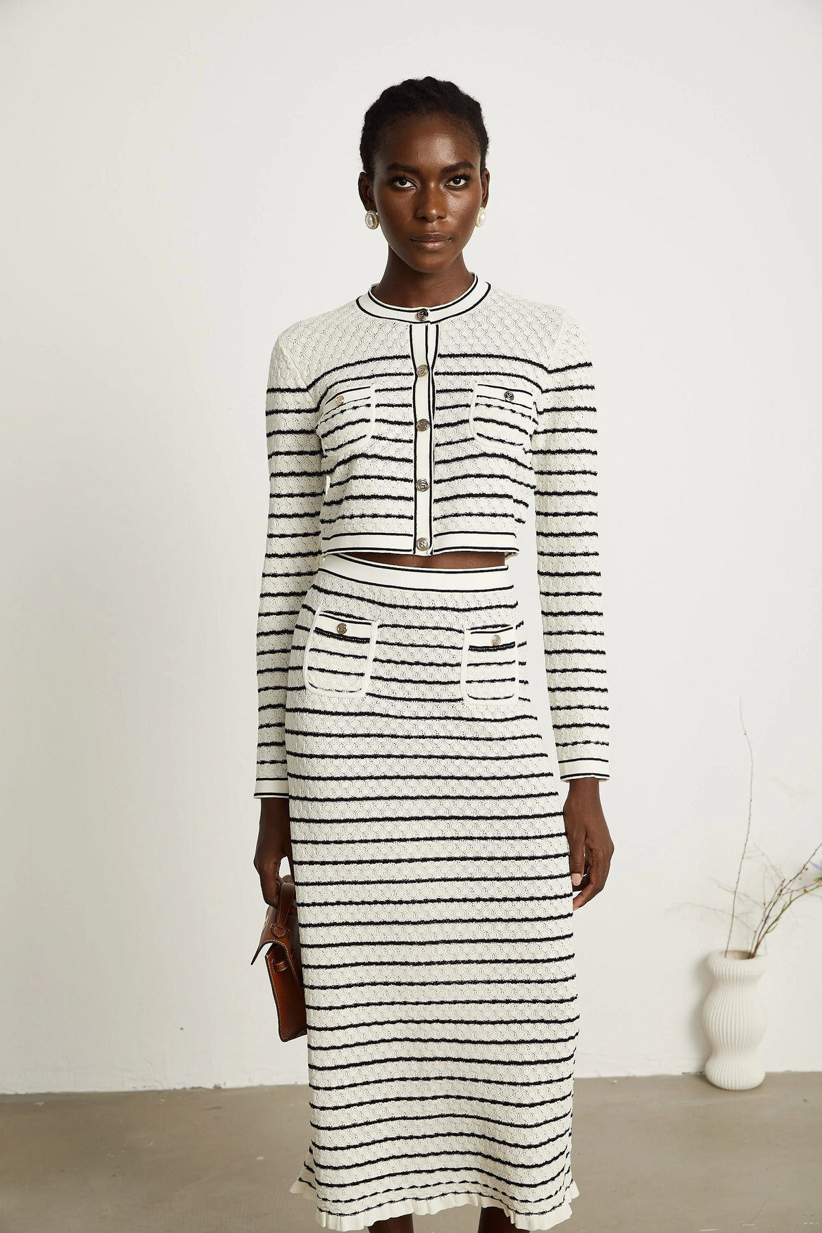 Colette pointelle-knit cardigan & skirt matching set