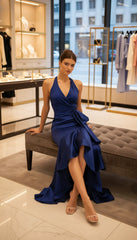 Freeacy Deep V-Neck Ruffled Evening Dress Solid Color