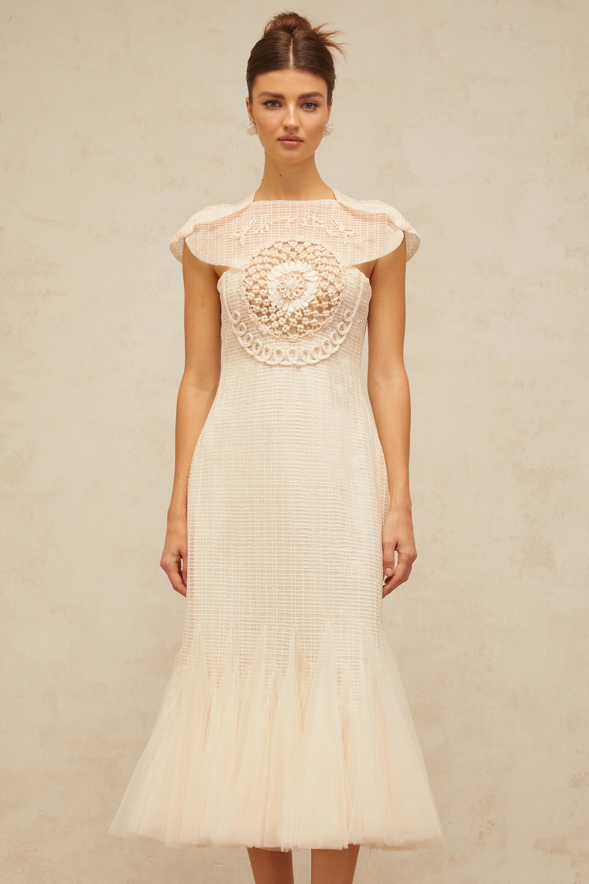Bérengère white jacquard tulle-panel midi dress