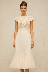 Bérengère white jacquard tulle-panel midi dress
