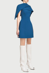 Lachet Asymmetrical Shoulder Pleat Mini Dress - Blue