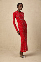 Ghislaine red rhinestone tulle maxi dress
