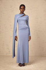 Josette blue diagonal-shawl fitted maxi dress