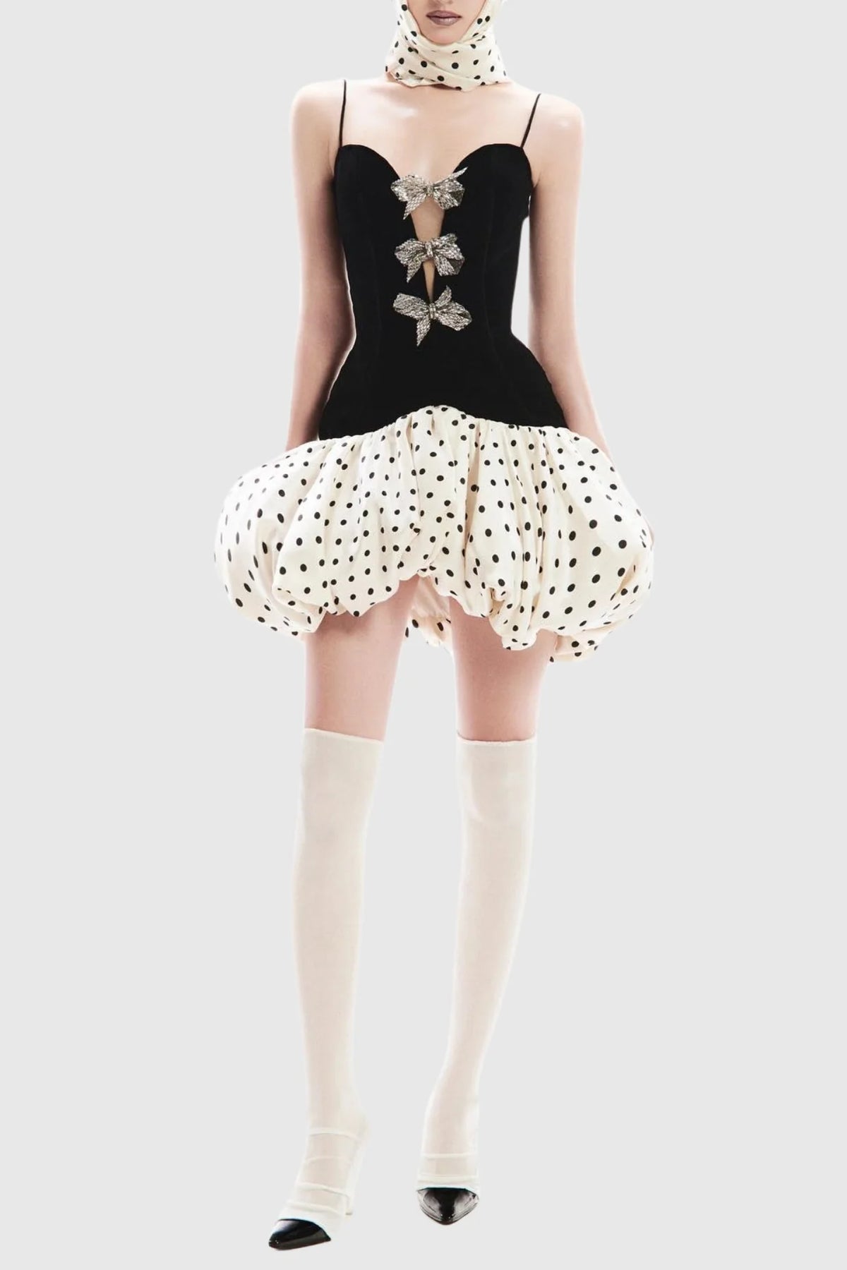 Jamara Bow Embellished Puff Dot Mini Dress