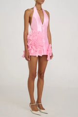 Magezi Satin Floral Halter Mini Dress
