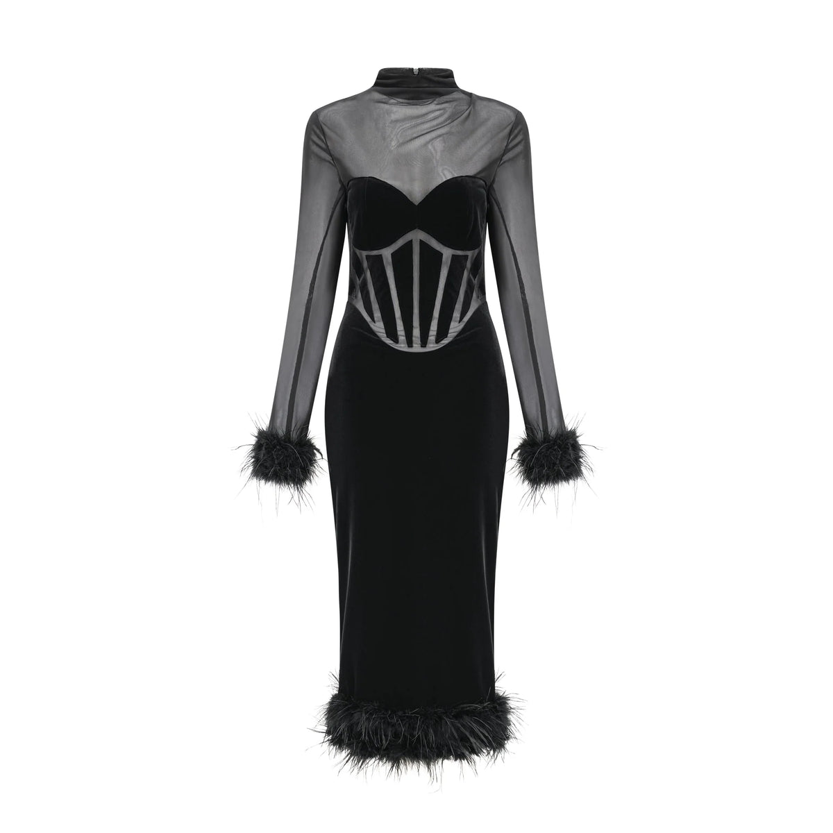 Jeanne feather-trim velvet midi dress