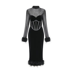Jeanne feather-trim velvet midi dress