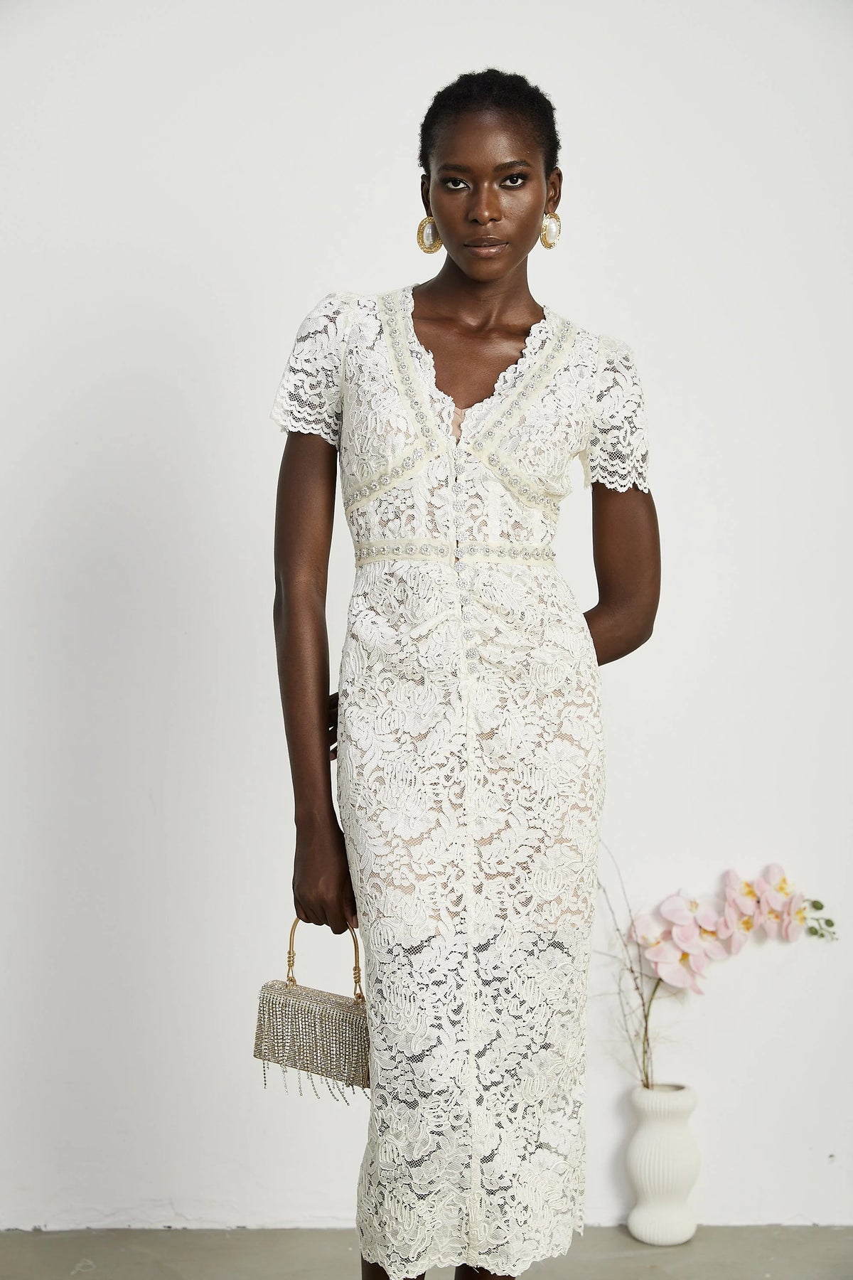 Kalena embellished lace midi dress