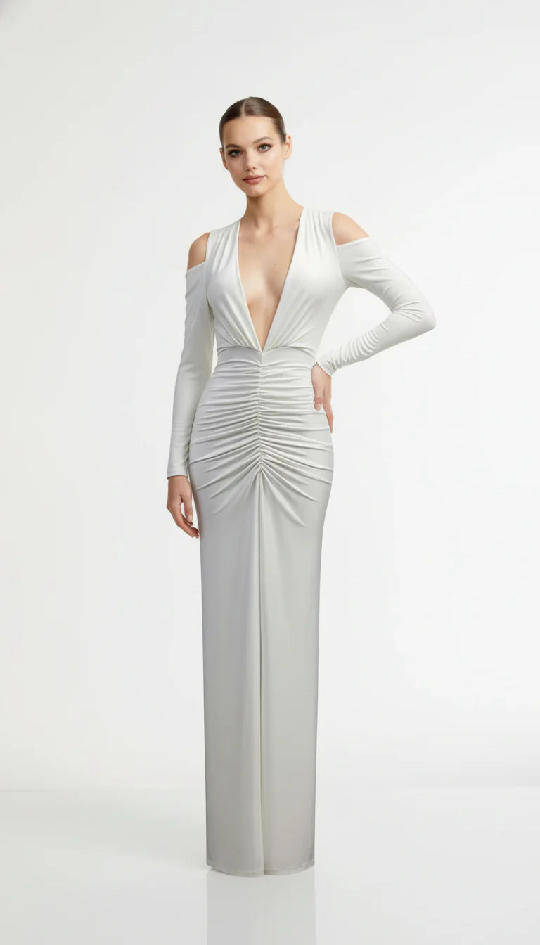 Ahagaga Deep V-Neck Long Party Dress – Folds, Long Sleeves, High Split