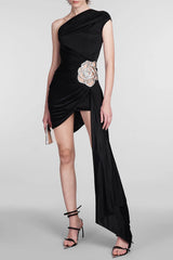 Janett One Shoulder Floral Embellished Mini Dress - Black